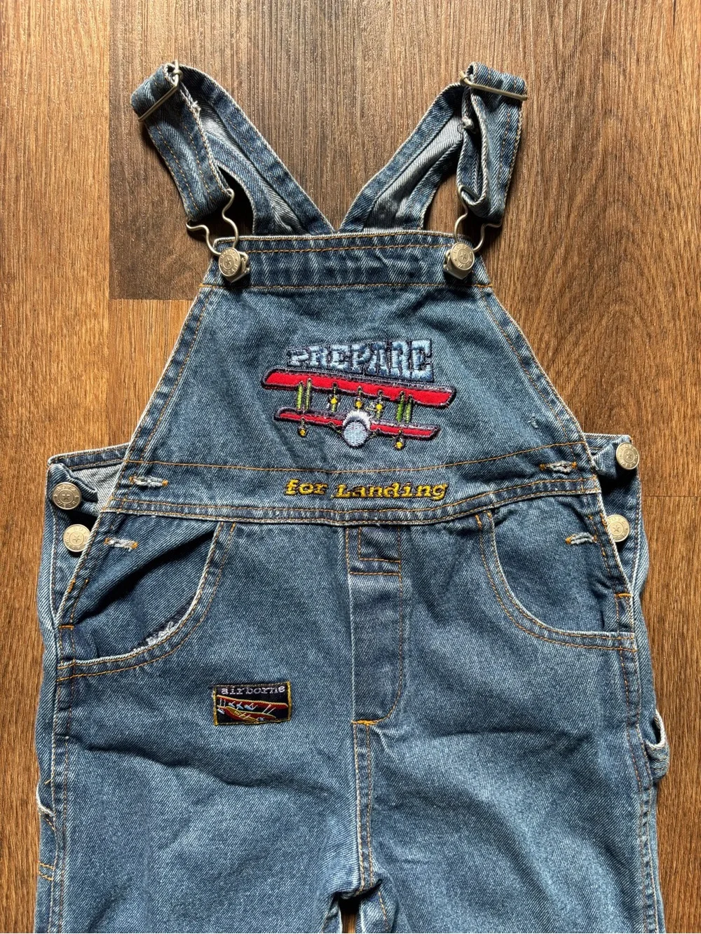 Kids Vintage Denim Airplane Overalls with Airplane Embroideries size T3